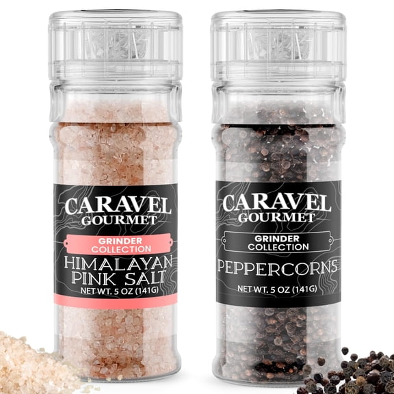 Caravel Gourmet Black Peppercorn & Himalayan Pink Salt Grinders for Seasoning, Finishing & Cooking, Salt & Pepper Adjustable Coarseness Grinder  5 oz ea