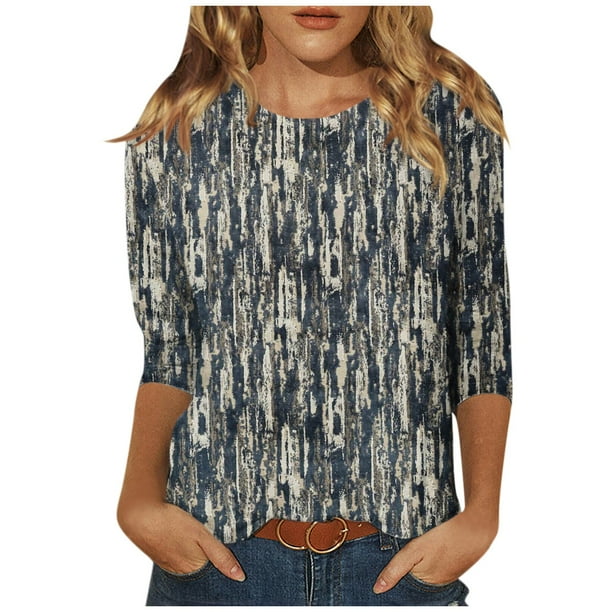 ZXHACSJ Women's Fashion Casual Three Quarter Sleeve Print Round 