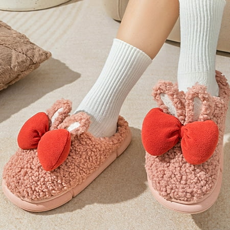 

uikmnh Warm Slippers Fashion Women Slippers Autumn And Winter Flat Bottom Non Slip Solid Color Bow Plush Warm And Comfortable 7