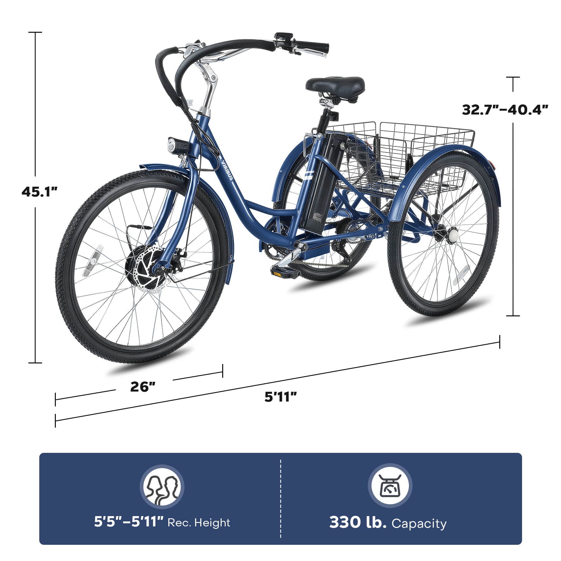 Viribus 26" 350W Electric Tricycle for Men Women with 7 Speeds 36V 13Ah Battery UL 2271 Blue