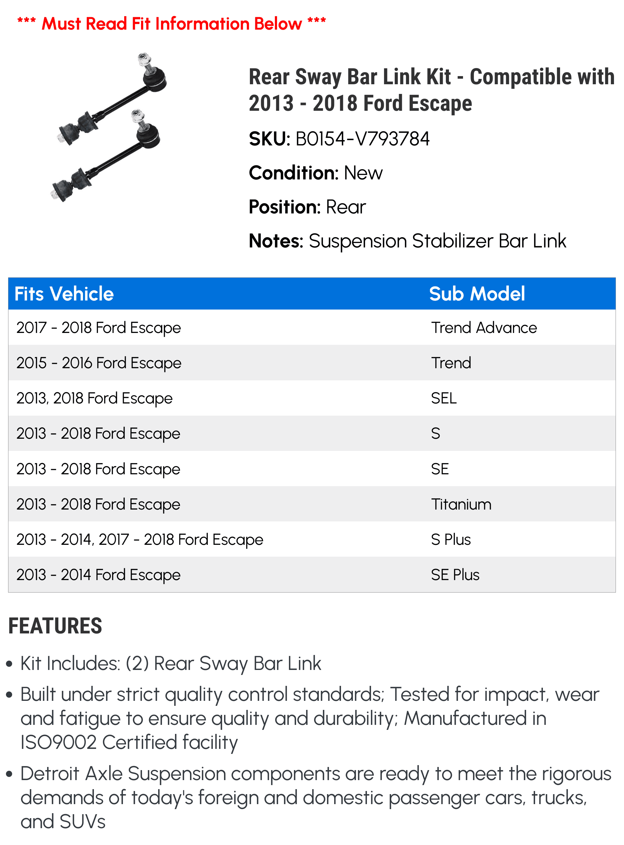Rear Sway Bar Link Kit - Compatible with 2013 - 2018 Ford Escape 2014 2015 2016 2017