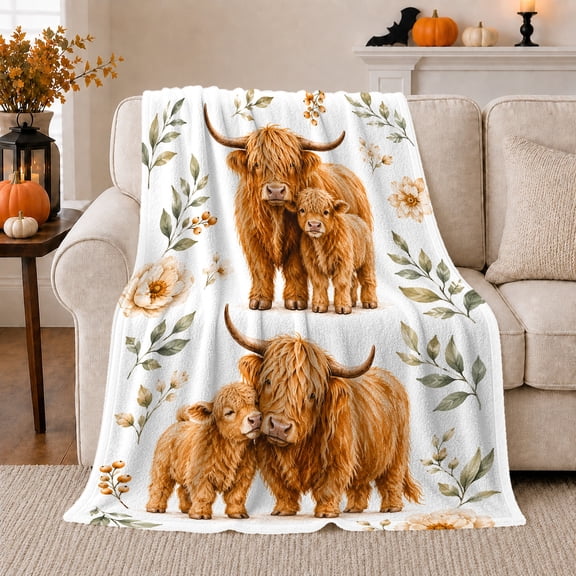 Watercolor Highland Cow Calf Botanical, Cozy Friendship Quote Scene, Warm Flannel Blanket for Ranch House and Living Room, Art Lovers Friendship Gift, Artistic Home Decor