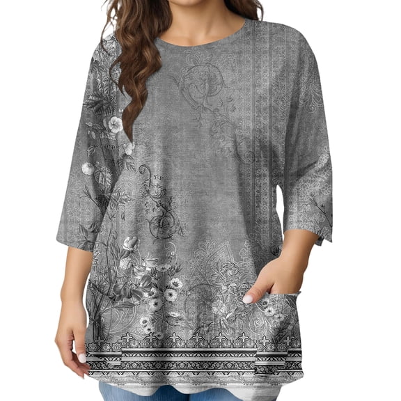 Sewkxo Womens Plus Size Tops Loose Fit 3/4 Length Shirts Crew Neck Print Blouse Spring Summer Fashion Clothes L-5x,Gray 2XL