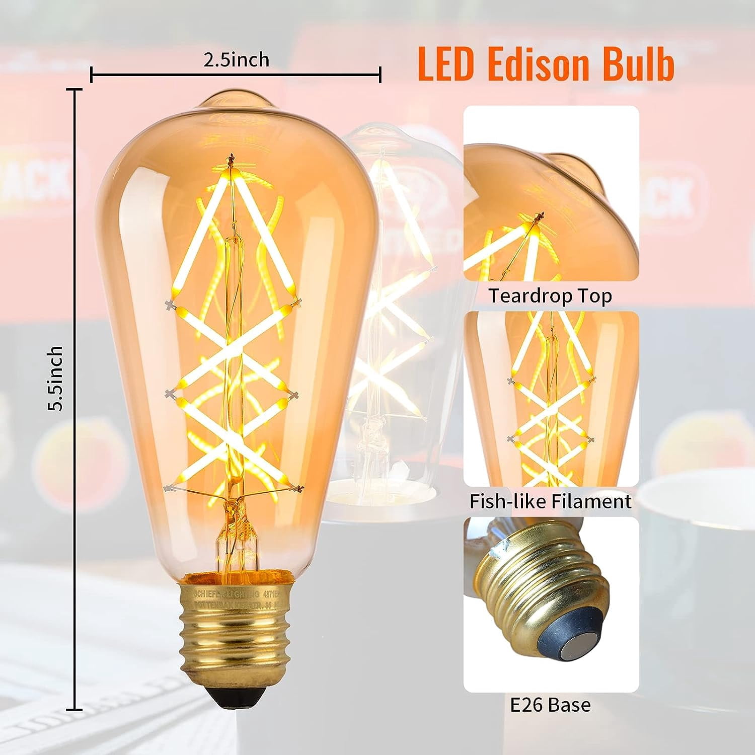 OMED LED Edison Light Bulb 18 Pack, Dimmable Vintage Style Amber Glass Criss-Cross Filament LED Bulbs, 60 Watt Equivalent 2700K Soft White Edison Bulb, 600 Lumens 6W Medium Base E26 ST64 Light Bulb
