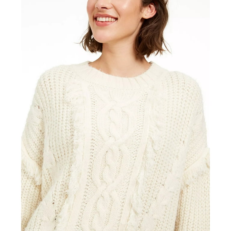 Sage The Label Women's Fringe Cable Knit Crewneck Sweater Beige Size Small