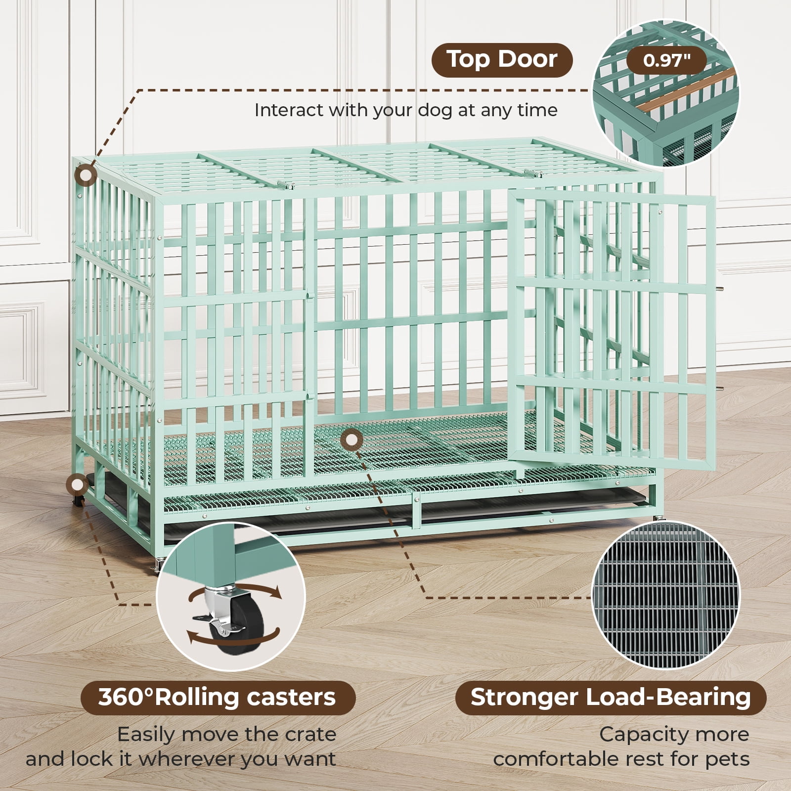 TIME RAY 48" Dog Crate, Heavy Duty Dog Crate Cage for Outdoor and Indoor with Removable Tray,Green