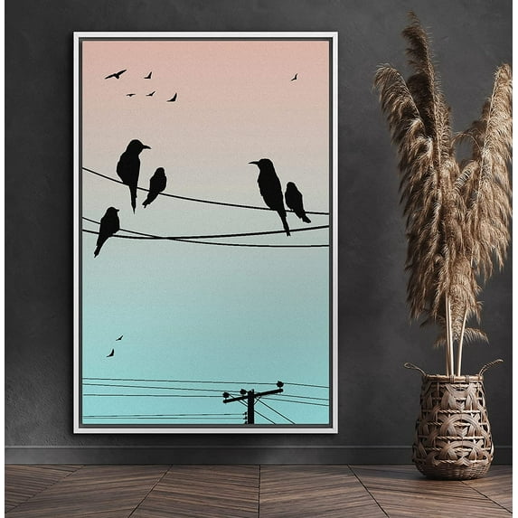 PixonSign Framed Canvas Print Wall Art Blue and Orange Sky with Birds Animals Wildlife Illustrations Modern Art Minimalist Scenic Fun Multicolor Ultra for Living Room, Bedroom, Office - 24"x36" White