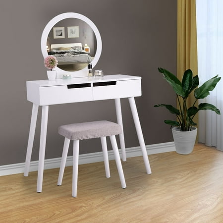 Makeup Table Chair Jaxpety Dressing Table Makeup Vanity Jewelry Organizer Desk with Round Mirror 2 Sliding Drawers White ()