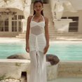 thumbnail image 3 of Women's Lace-Up Halter Chest Wrapped Sleeveless Ruffled Dress, Pleated, Backless, Gauze Spliced, Solid Color, Sexy, 3 of 20