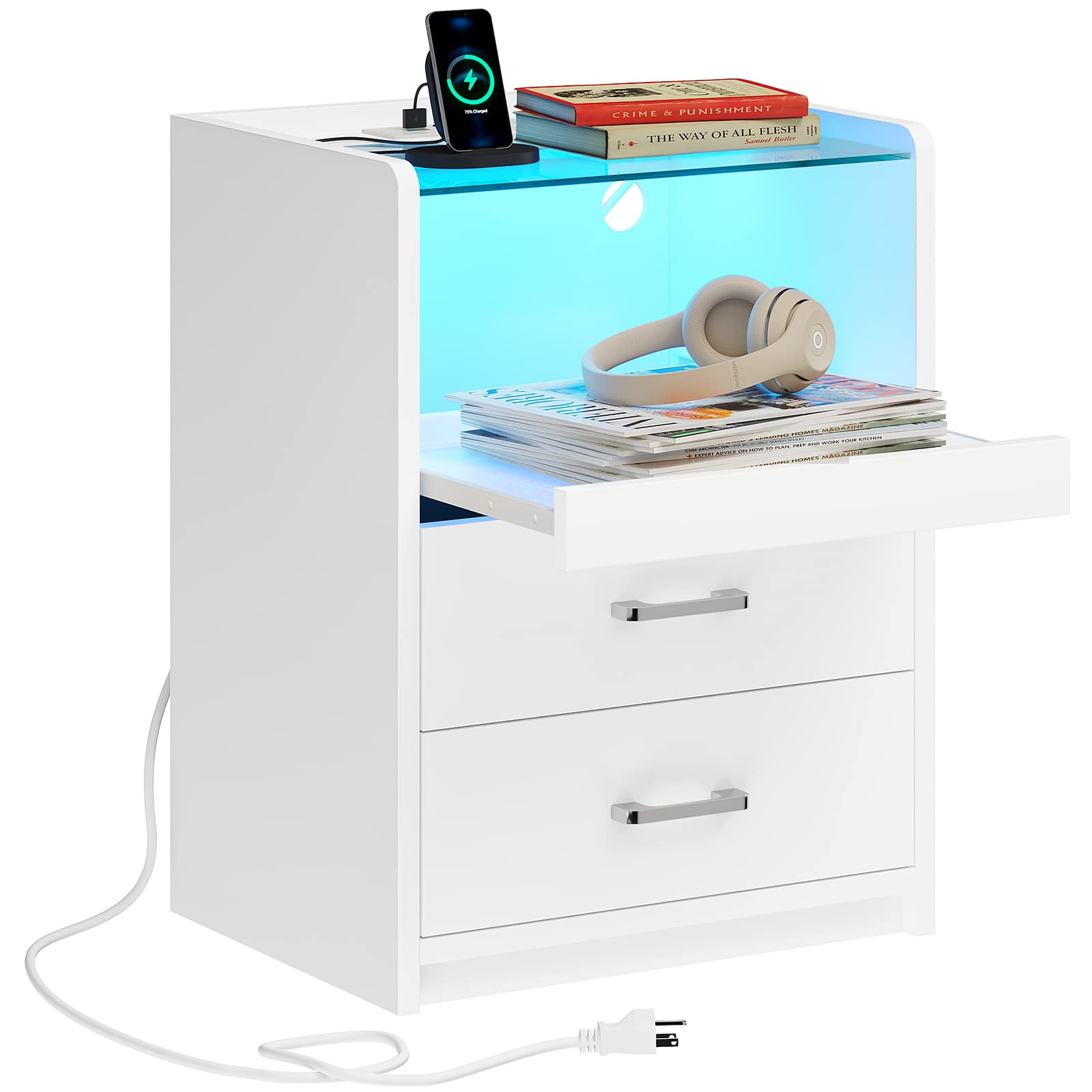 ADORNEVE Nightstand with Charging Station and LED Light, 2 Drawer