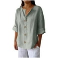 thumbnail image 2 of Shirts for Women Plus Size 3/4 Sleeve V-neck Cotton Linen Button Up Solid Color Loose Top Gray L, 2 of 6