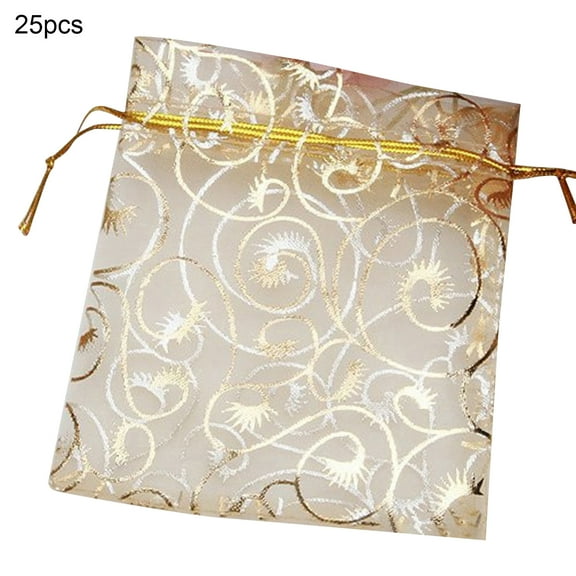 Farfi 25 Pcs Drawstring Gifts Pouch Mini Exquisite Figure Organza Jewelry Gift Storage Pouch for Wedding (Golden)