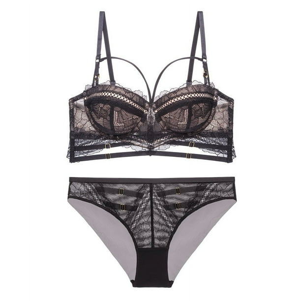 Conjunto de lencería sexy con encaje calado y tirantes de sujetador anticaída con realce grande y busto pequeño