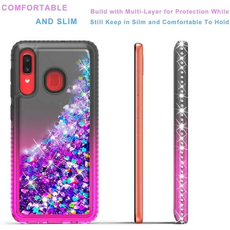 Samsung Galaxy A20 Phone Case, Liquid Floating Glitter Quicksand Bling with Spot Diamond Cover - Black/Pink