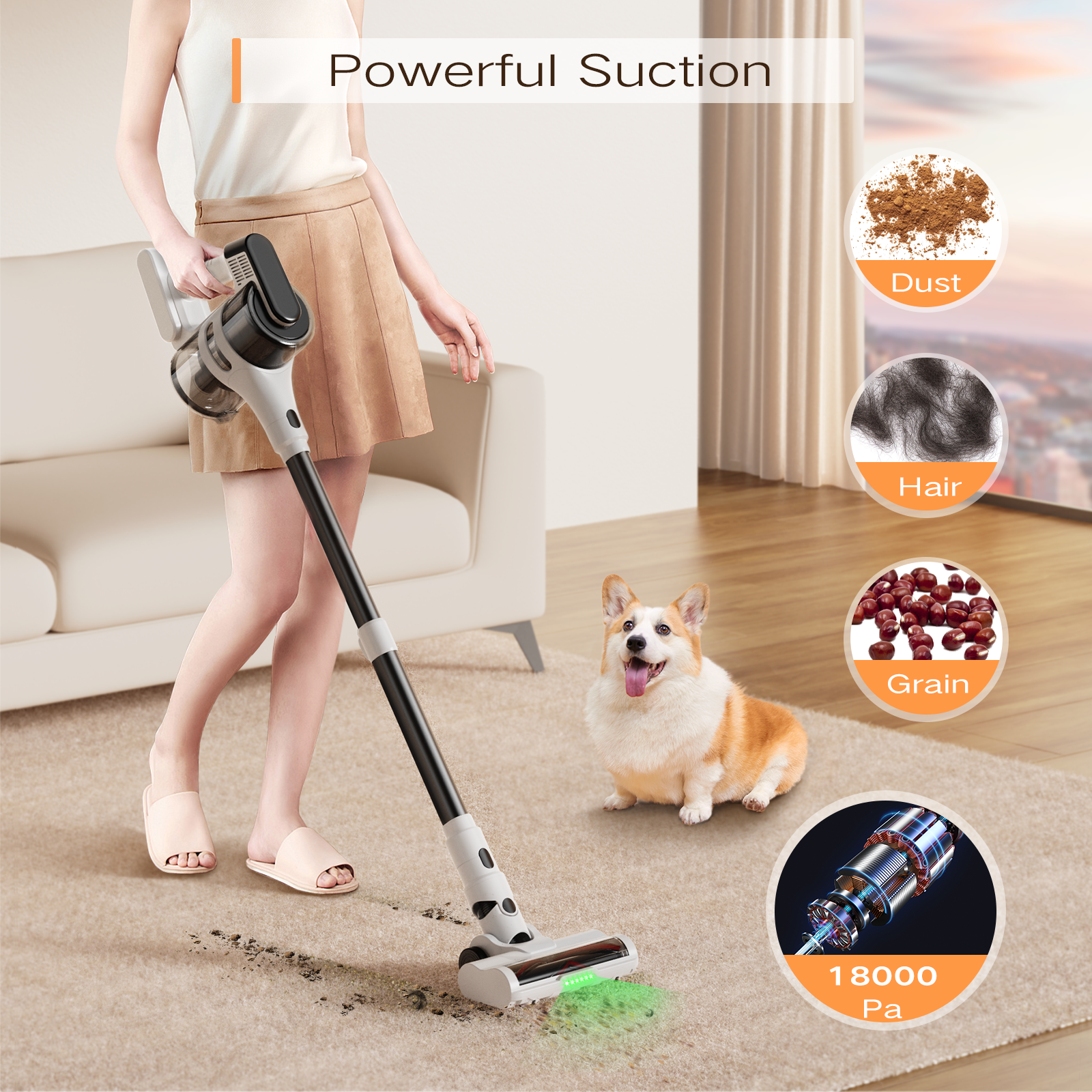 MOOSOO Stick Vacuum Cleaner, Strong Powerful Cordless Vacuum, 6 LED Headlights, Lightweight Cordless Vacuum for Pet Hair, Carpet & Hardwood Floor - image 4 of 6