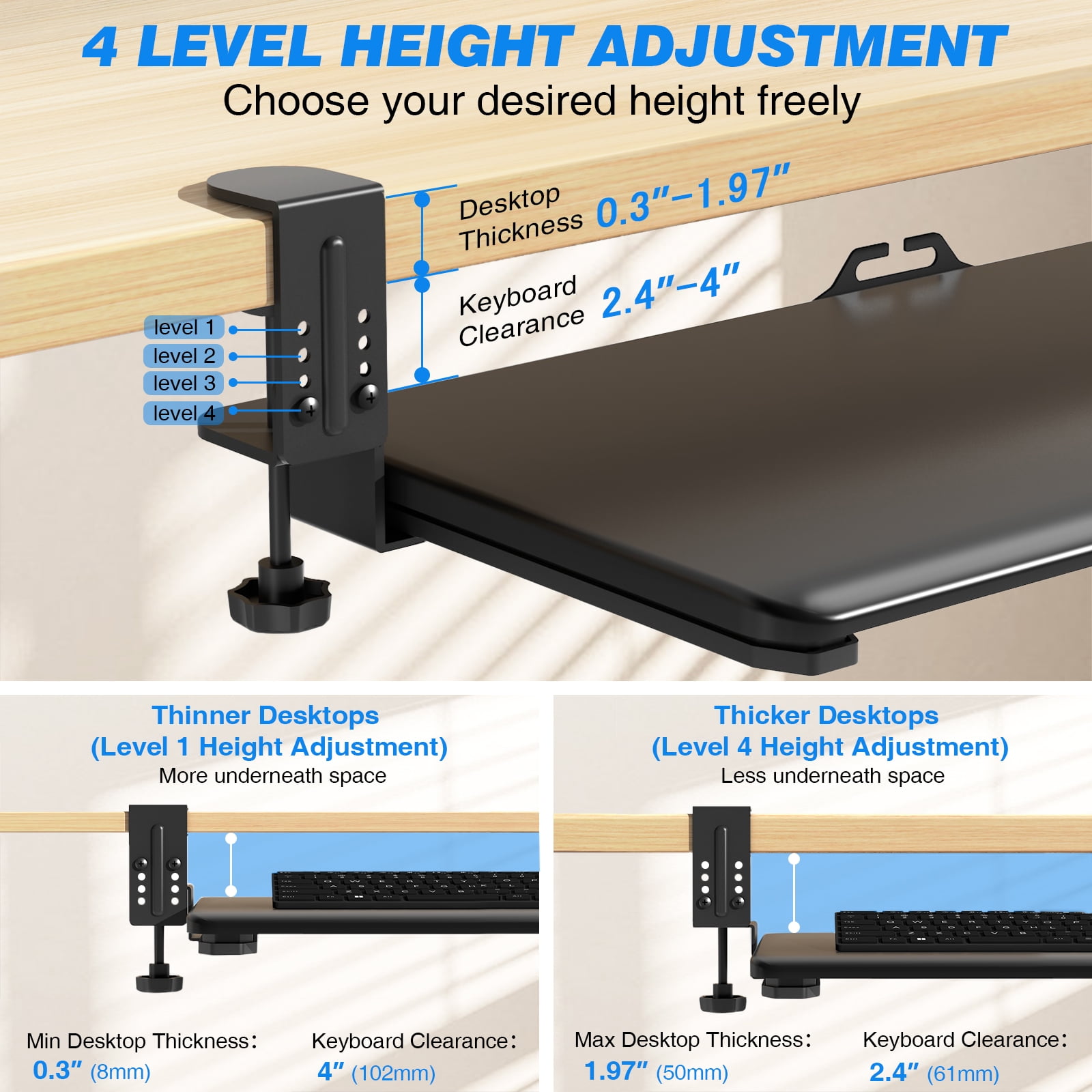 Under Desk Keyboard Tray, 25.6" Extendable Keyboard Tray with 4-Level Height Adjustment, Clamp-On Keyboard Drawer with Cable Management, Holds up to 11 LBS, Black