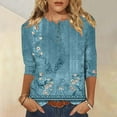 thumbnail image 2 of Brnmxoke Women's Boho 3/4 Sleeve Floral T-Shirts Vintage Button V Neck Tops Dressy Casual Tunic Top Loose Fit Business Work Tees Blue,XXL, 2 of 5