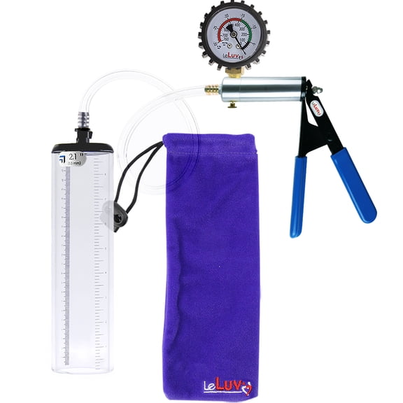 LeLuv® Ultima Silver Penis Pump Kit with Blue Rubber Grip, Clear Hose Protected Gauge | 9" x 2.1" Thick-Walled Cylinder