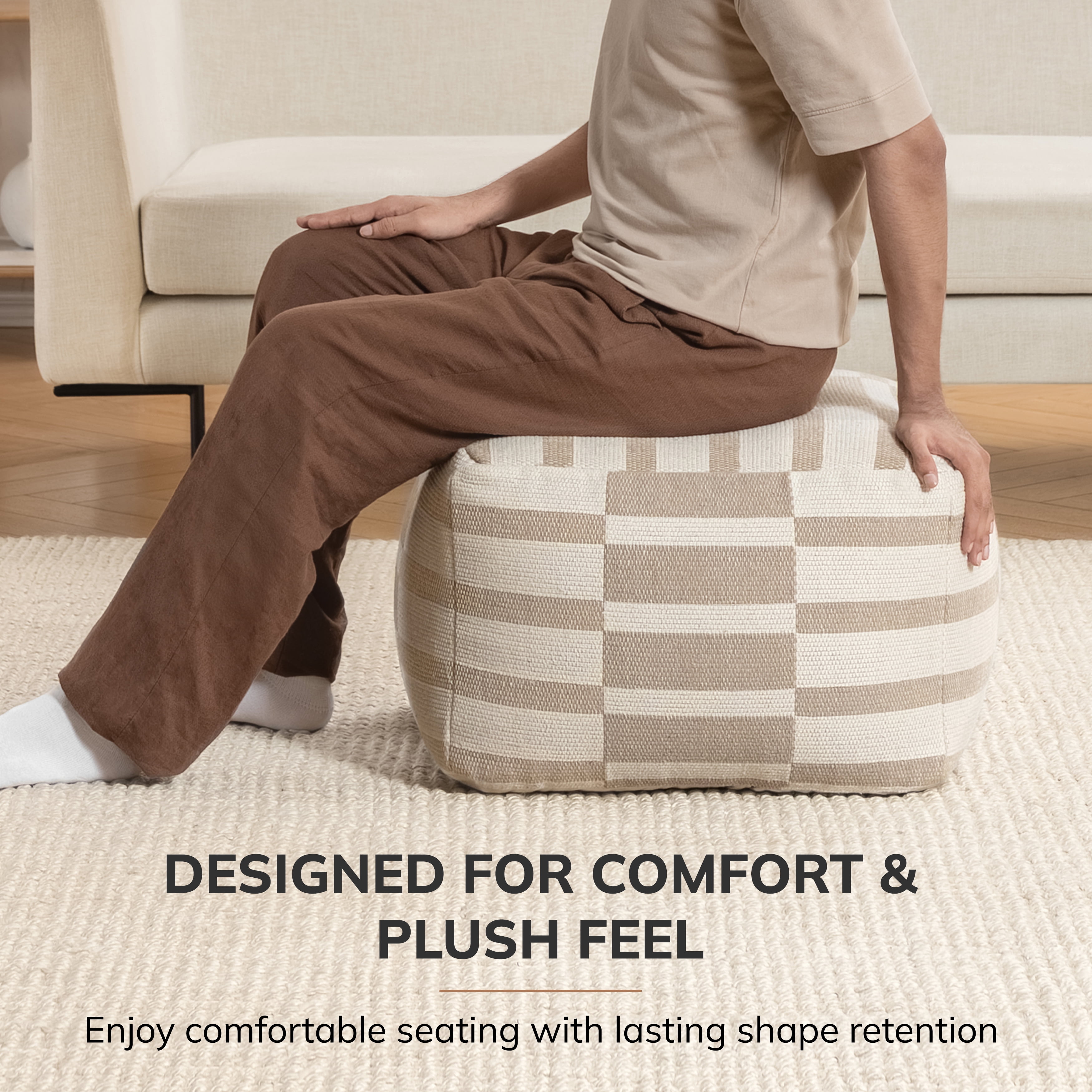 Anji Mountain Pouf Ottoman Foot Rest, Handmade Ottoman Pouf, Comfortable Foot Stool, Decorative Floor Seating for Living Room Decor, Bedroom & Home Décor Accent - Natural
