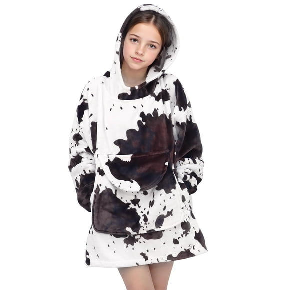 Cow Print Wearable Blanket Hoodie Cozy Soft Brown And White Oversize Sweatshirt Blanket Hoodies Gifts For Teens Girls Boys 6-13 Year Old