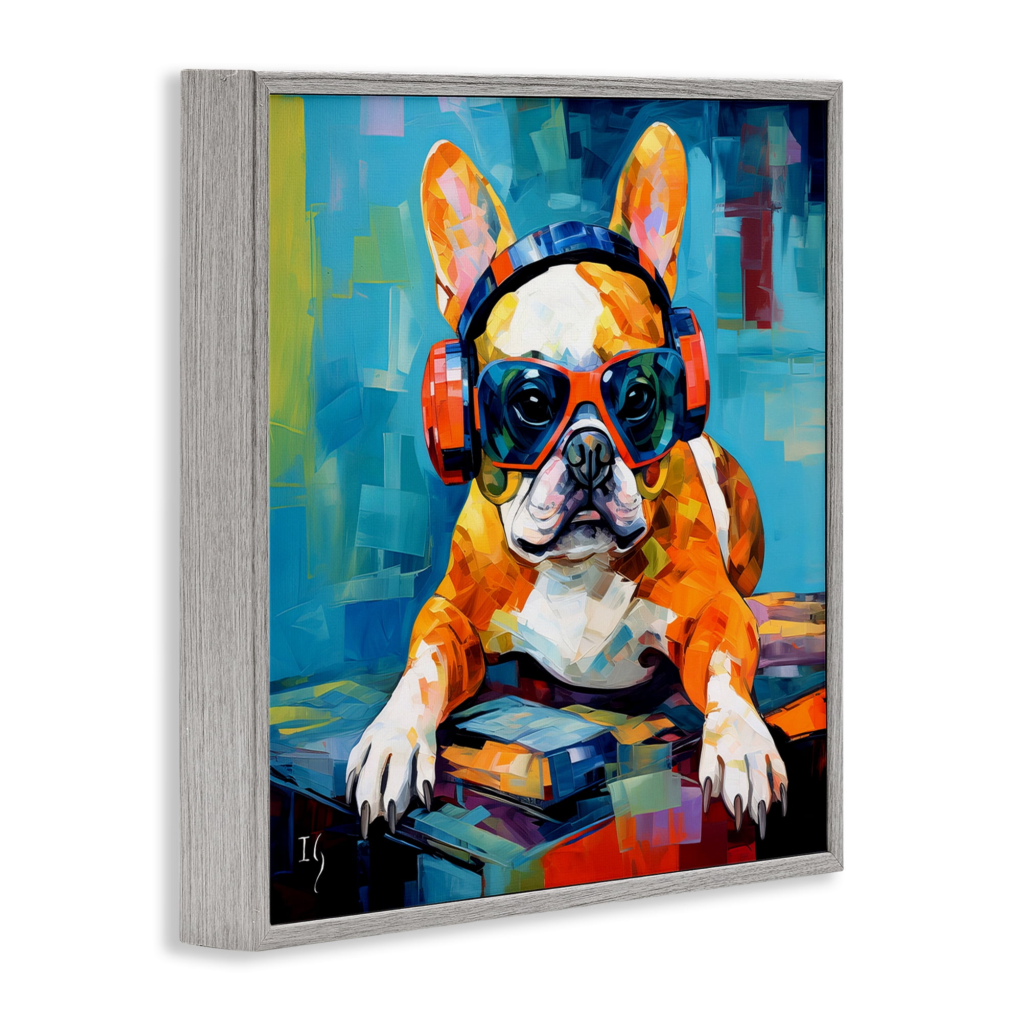 Stupell Industries French Bulldog with Headphones Animals & Insects Painting Gray Framed Art Print Wall Art, 12 x 12