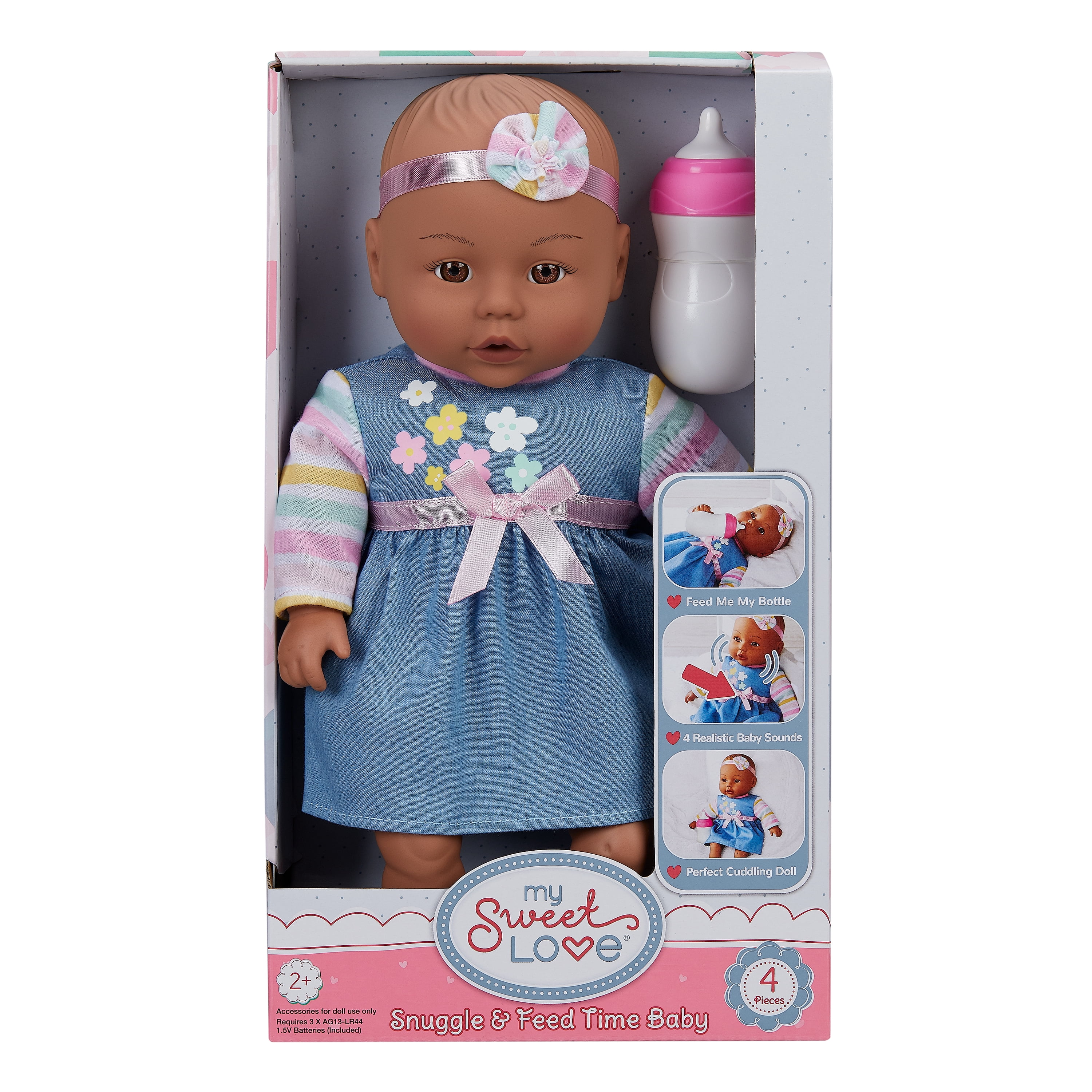 My Sweet Love Snuggle & Feed 12.5-inch Baby Doll, Brown Eyes, Dark Skin Tone