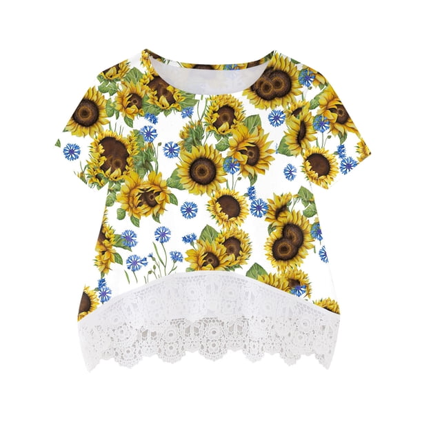 Gibobby Blusas De Moda Túnica informal para niñas pequeñas, estampado de flores florales, Tops de encaje, blusa suelta de manga corta, camiseta, Top (Blanco, 11-12 Años)