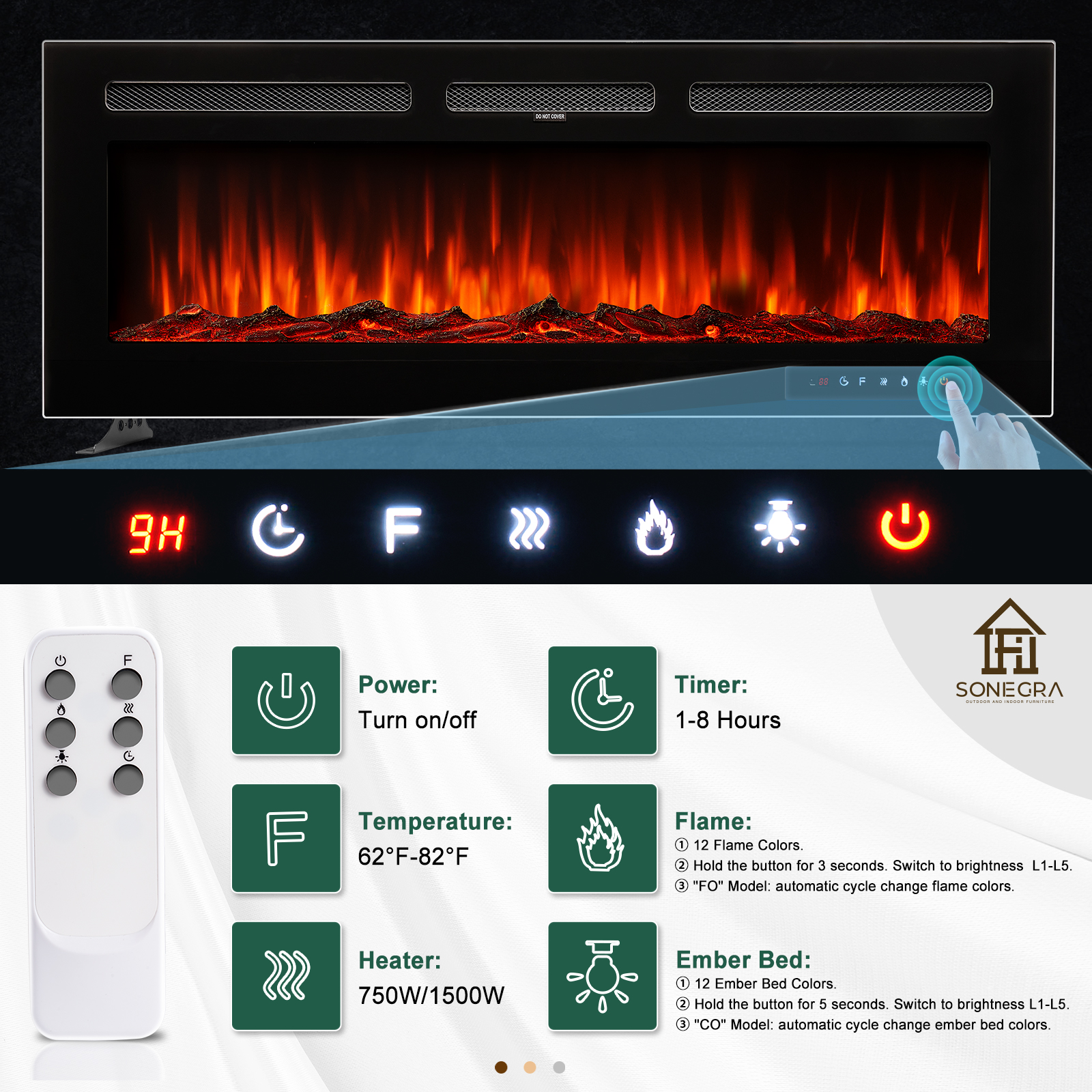 Buy Sonegra Electric Fireplace, 50 inch Wide Recessed and Wall Mounted