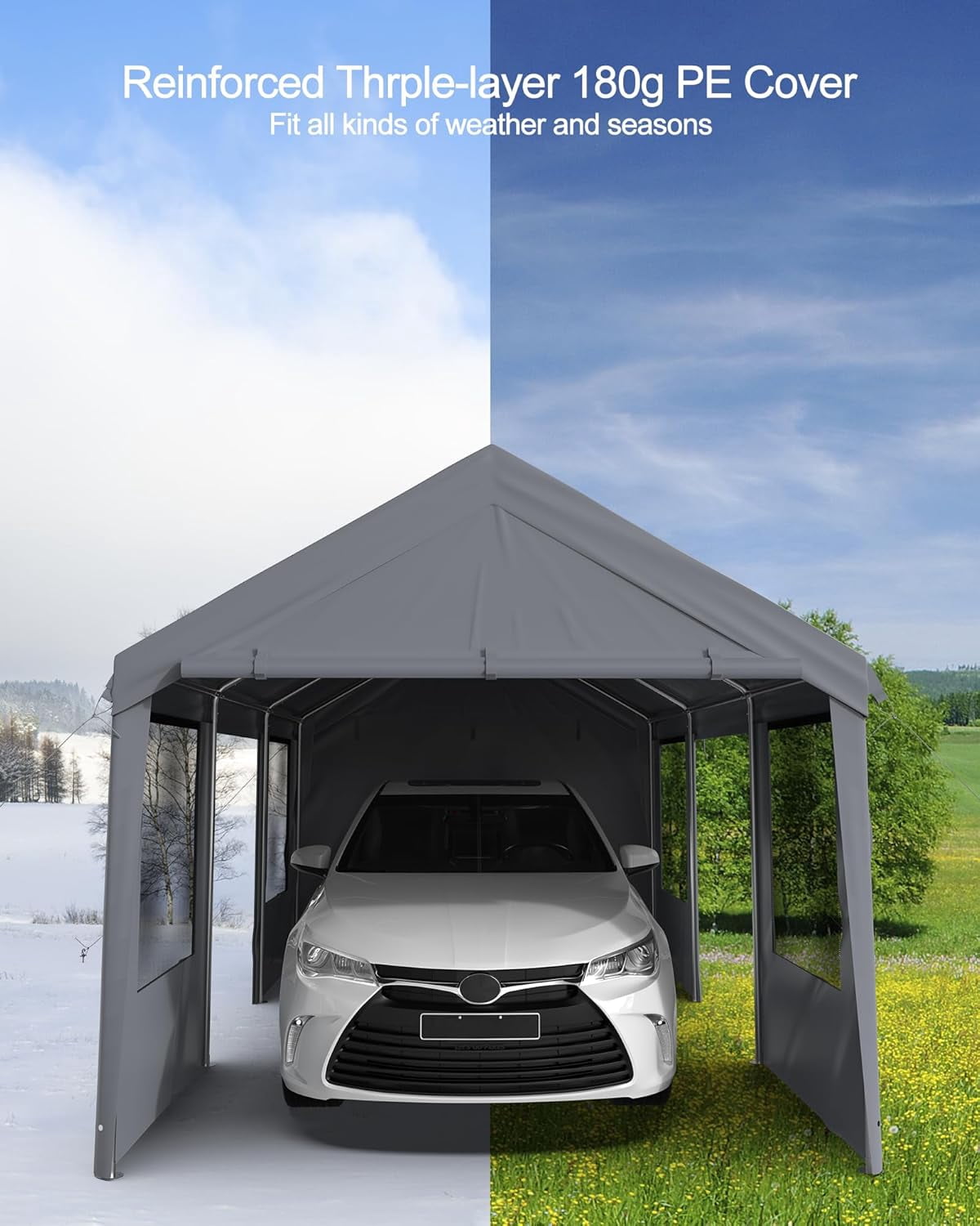Telyswee 10' X 20' Heavy-Duty Carport, Portable Garage with Front & Rear Doors, 4 Windows, Reinforced Steel Poles & 180 g PE Waterproof Canopy, for Pickup Truck, and Boat