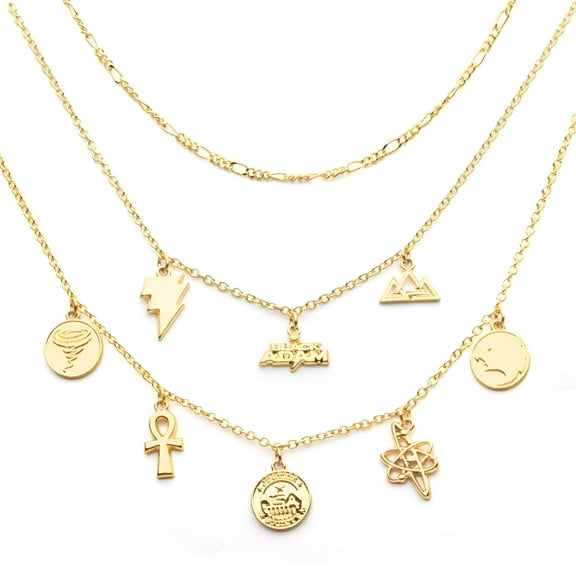 DC Comics BLACK ADAM GOLD PLATED TIERED NECKLACE - Officially Licensed Warner Bros. Lightning Bolt Charms Pendant - Chain