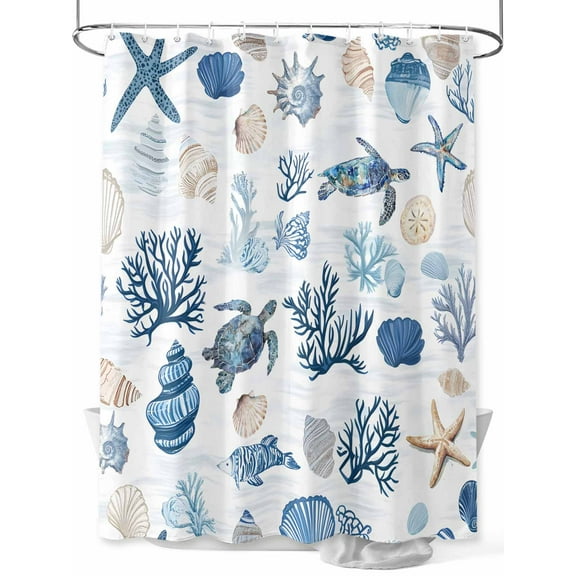 Oceans Sealife Shower Curtain, Sea Turtles Corals Stars Shells Texture Waterproof Shower Curtain Set with 12 Hooks Lightweight Washable Fabric Shower Curtains for Bathroom 48x72 Inches