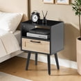 thumbnail image 2 of Tcbosik Rattan Nightstand, 15.7" Side Table with Open Shelf and Storage Drawer, End Table with Solid Wood Legs for Bedroom, Living Room, Black, 2 of 8