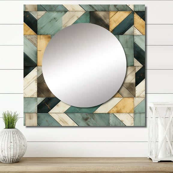 Designart "Cubic Planks In Yellow And Blue At The Rustic Farmhouse" 0 Yellow Large Square Mirror - Square Bedroom Mirror Printed Wall Decor - Vintage Square Printed Wall Mirror Art