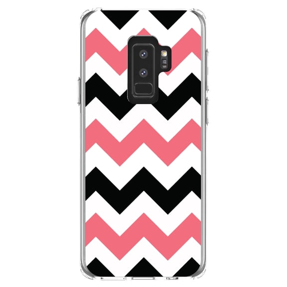 DistinctInk Clear Shockproof Hybrid Case for Samsung Galaxy S9  PLUS (6.2" Screen) - TPU Bumper, Acrylic Back, Tempered Glass Screen Protector - Black Pink Stripes - Stripes Pattern