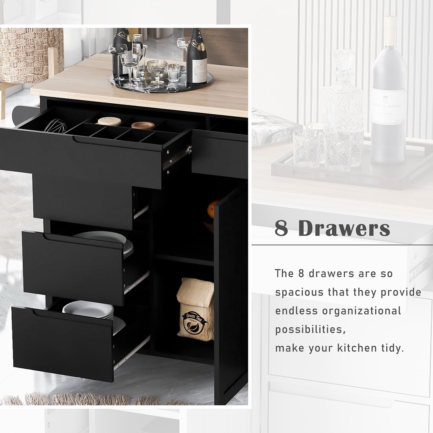 Kepooman 53.15 Inch Width Indoor Modern Rolling Kitchen Cart, Rubber Wood Kitchen Cart on Wheels with Spice Rack, Towel Rack-Black Kepooman 53.15 Inch Width Indoor Modern Rolling Kitchen Cart, Rubber Wood Kitchen Cart on Wheels with Spice Rack, Towel Rack-Black