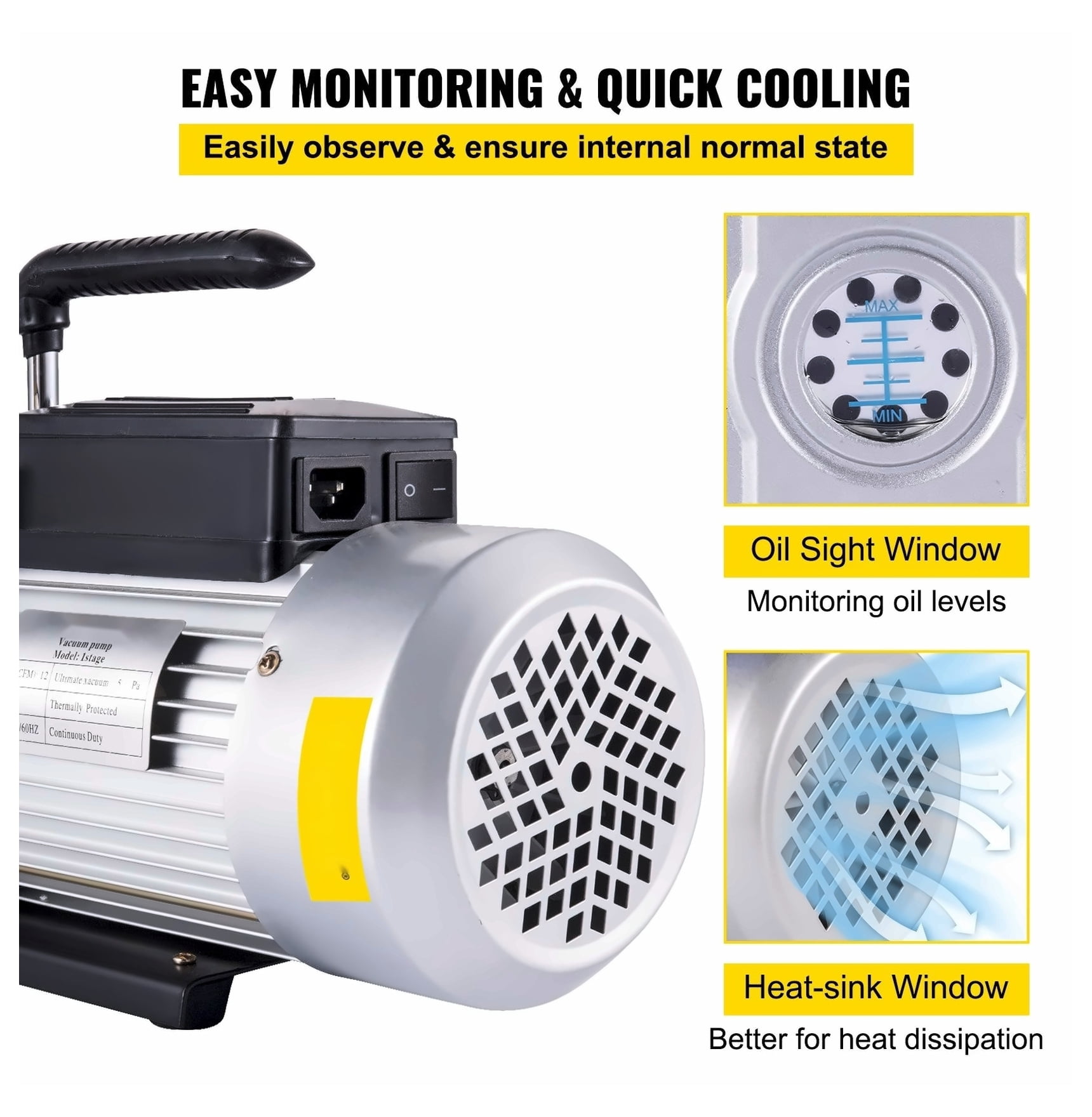 Vacuum Pump 12CFM 1 HP Single Stage Air Conditioning Vacuum Pump 110V 5PA Ultimate Vacuum Refrigerant HVAC Air Tool Rotary Vane Vacuum Pump for Automobile Vacuum Evacuation (1-Stage, 12CFM)