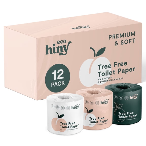 ecoHiny Premium & Soft Bamboo Toilet Paper | 12 Mega Rolls, 3 Ply & 350 Sheets | Tree Free Toilet Tissues | Plastic Free Packaging