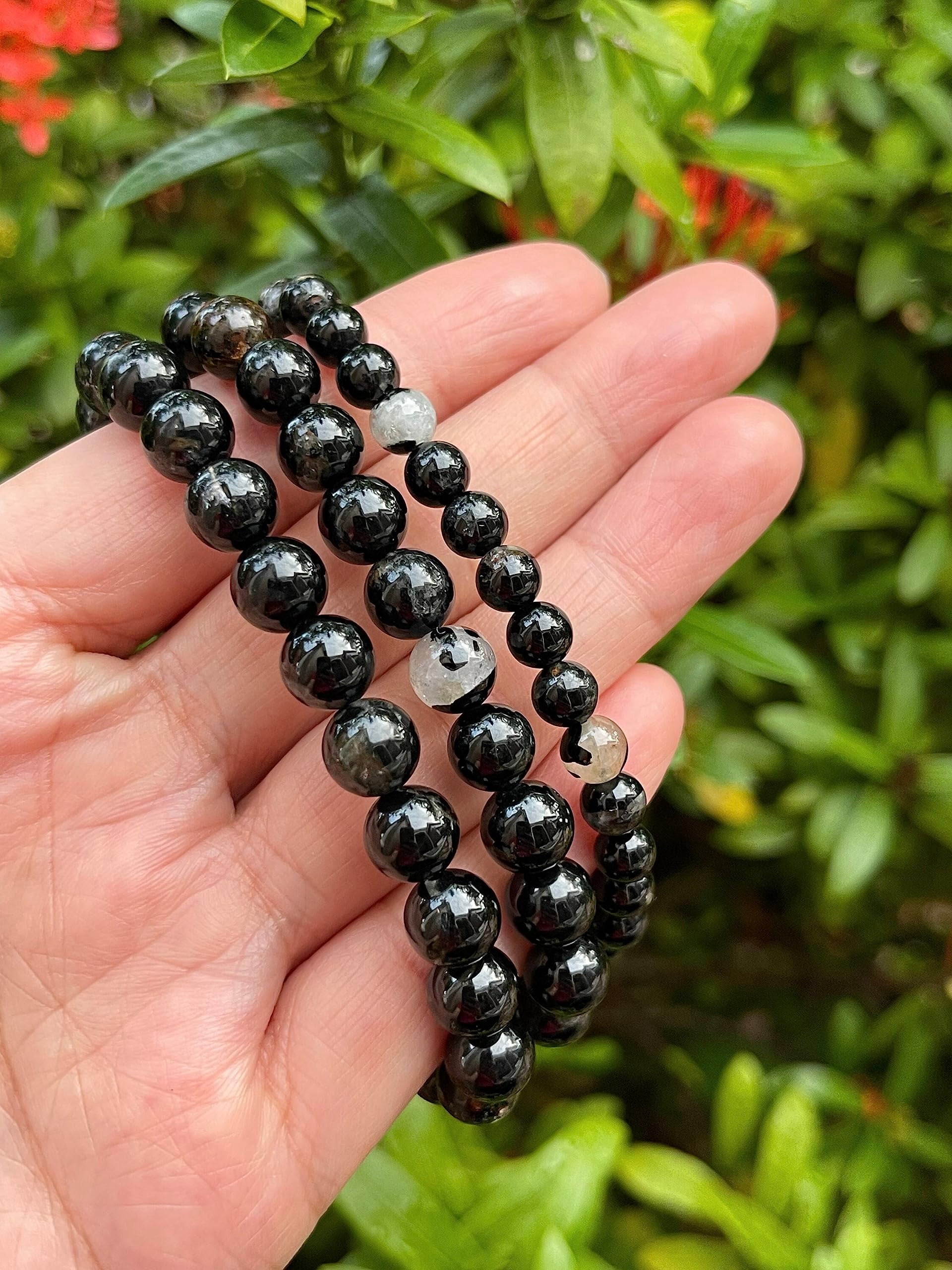 Black Tourmaline With Quartz Crystal Bead Bracelet 6-8mm, Wholesale Genuine Black Tourmaline With Quartz Stretch Gemstone Bracelet, Gift for Men & Women (5)