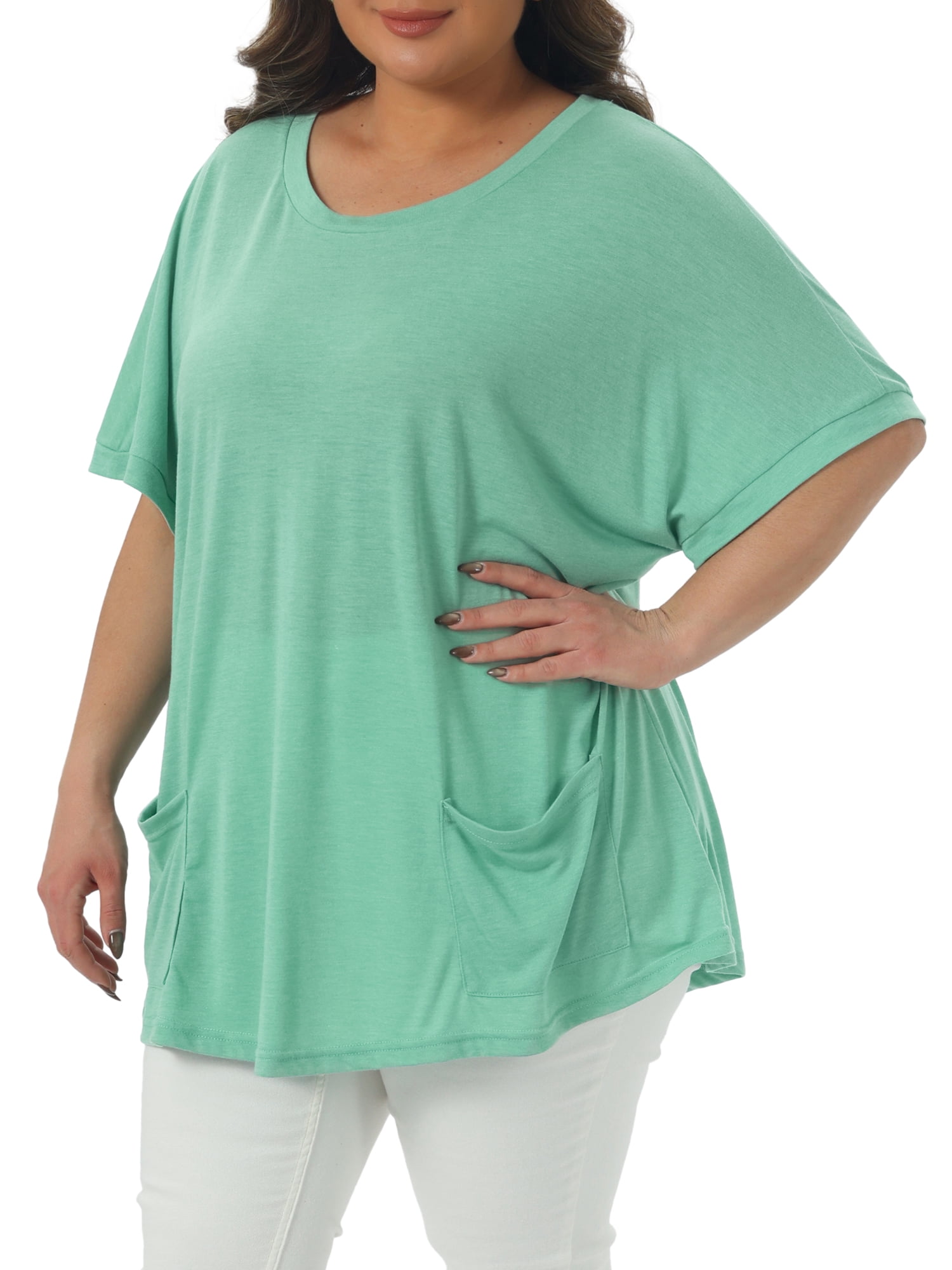 DARING DIVA Women's Plus Crew Neck Loose Fit T Shirt with Pocket Casual 2X Light Green