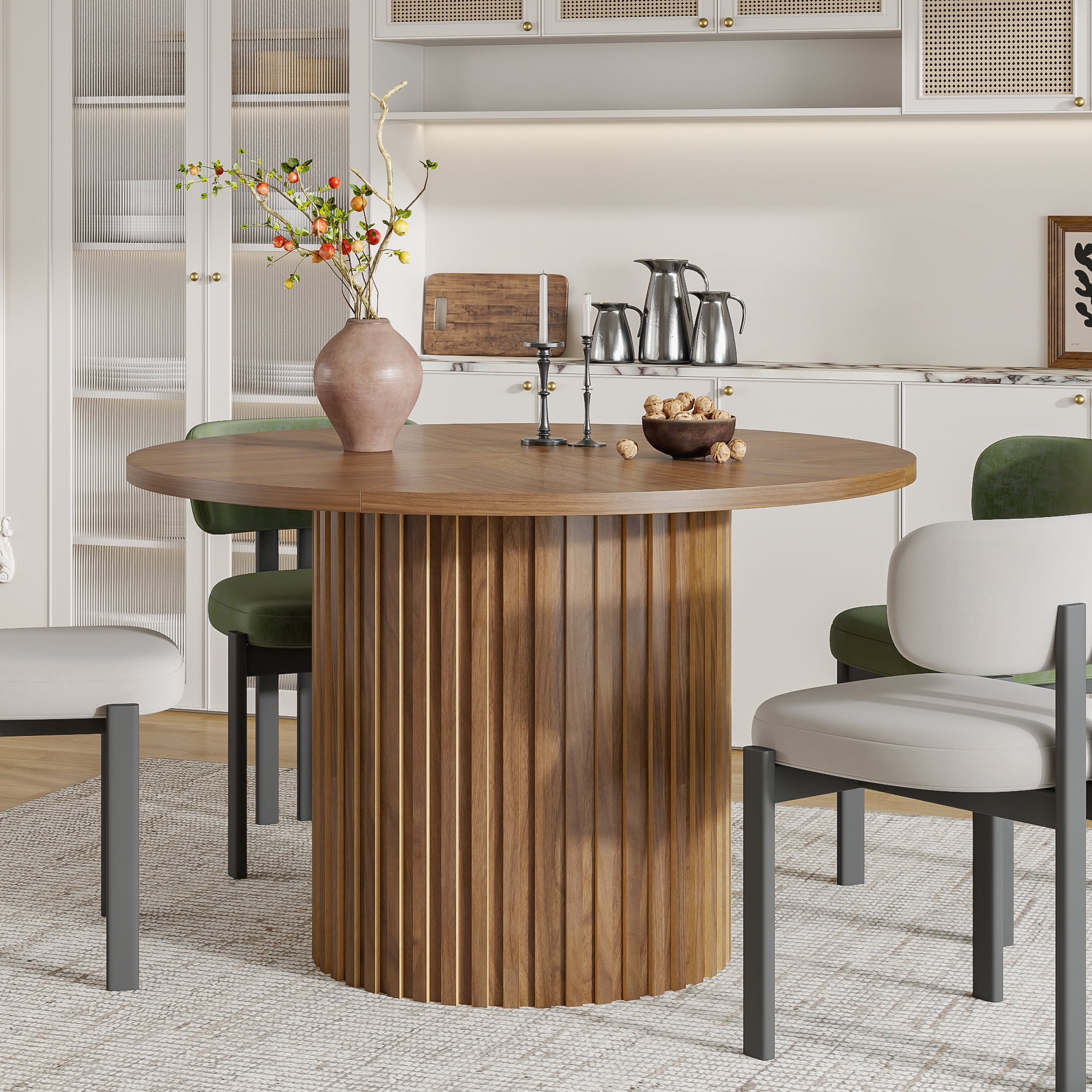 Modern Round Dining Table, 47 Inch Small Circle Kitchen Tables for 4-6, Wood Strip Base, Farmhouse Table for Kitchen, Dinning Room, Walnut