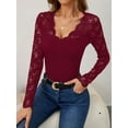 thumbnail image 6 of Women'S Floral Embroidery Mesh Lace V Neck Long Sleeve Top Wine Red XL, 6 of 9