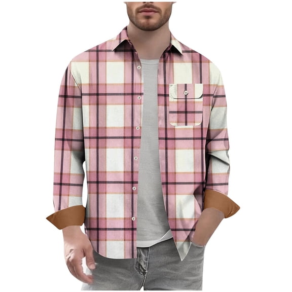 Chiccall Flannel Shirts for Men Vinatge Casual Plaid Colorblock Long Sleeve Lapel Button Down Shirts with Breasted Pocket