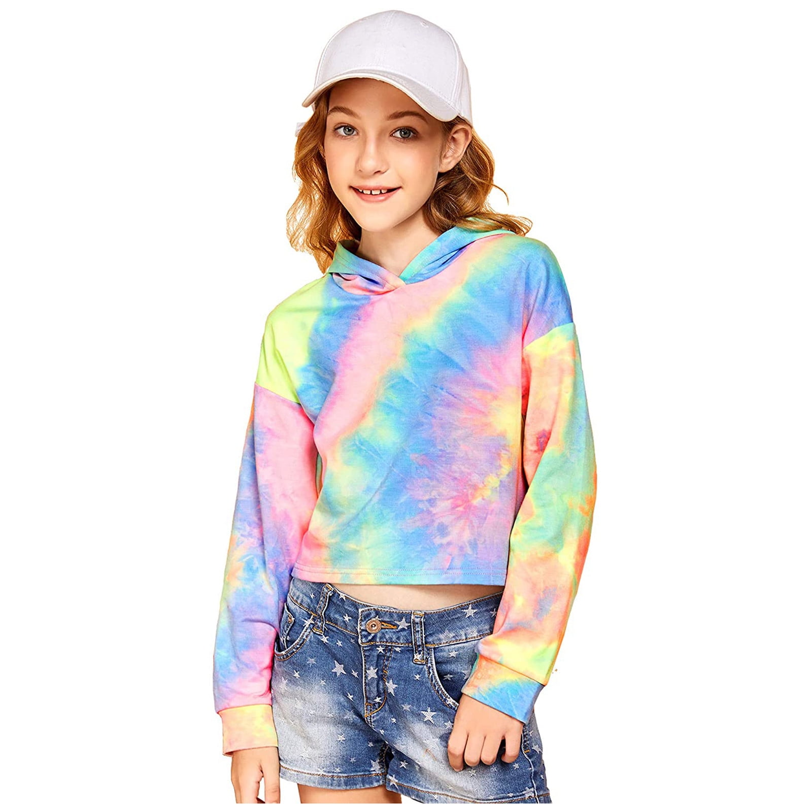 Crop Hoodies for Women Casual Tie Dye Sweatshirts Long Sleeve Drawstring Workout Crop Tops Teen Girls Cute Pullover