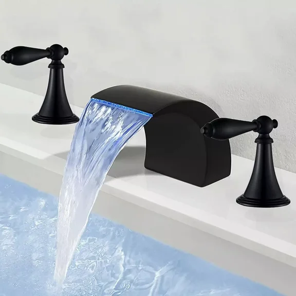 LED Bathroom Sink Faucets 3 Hole  2 Handle  Waterfall Widespread Faucet  Black with Drain