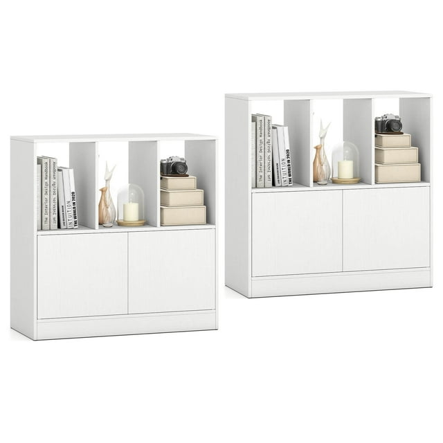 Costway 2 PCS Cube Bookcase with Doors, Open Compartments & Cabinet, Modern Display Shelf White