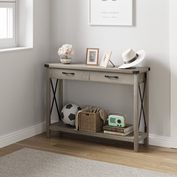 COZONY 43" Console Table, X-Design Narrow Sofa Table with 2 Drawers for Living Room, Foyer, Bedroom Decor,Office, Gray