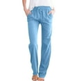 thumbnail image 2 of Linen Pants Women Spring Summer Dressy Casual High Waisted Drawstring Pant Cotton Straight Leg Lounge Trousers Light Blue L, 2 of 5