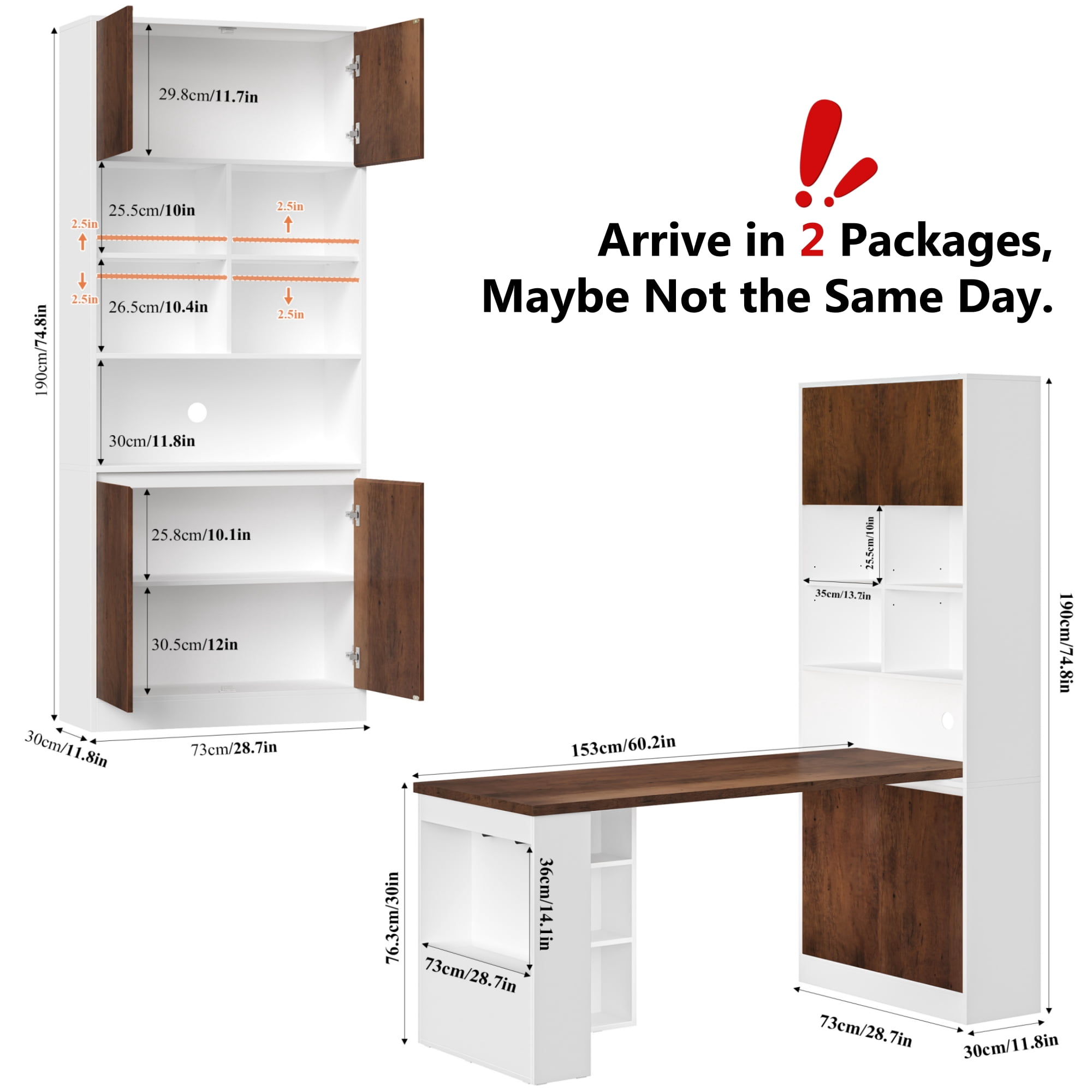 Homfa Computer Desk with Tall Bookcase, 4 Doors Wooden Farmhouse Executive Desk for Home Office, White