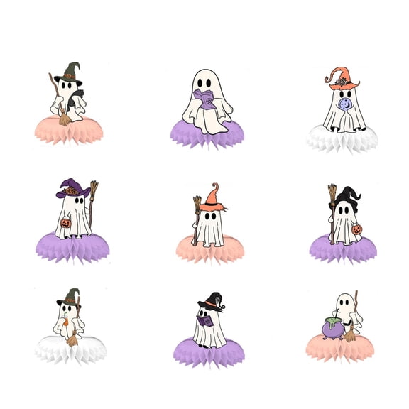9pc Halloween Table Centerpiece Decorations, Horror Themed Party Supplies with Ghost & Skeleton Figures, Colorful Honeycomb Base for Home, Office, Classroom, Spooky Festival Event