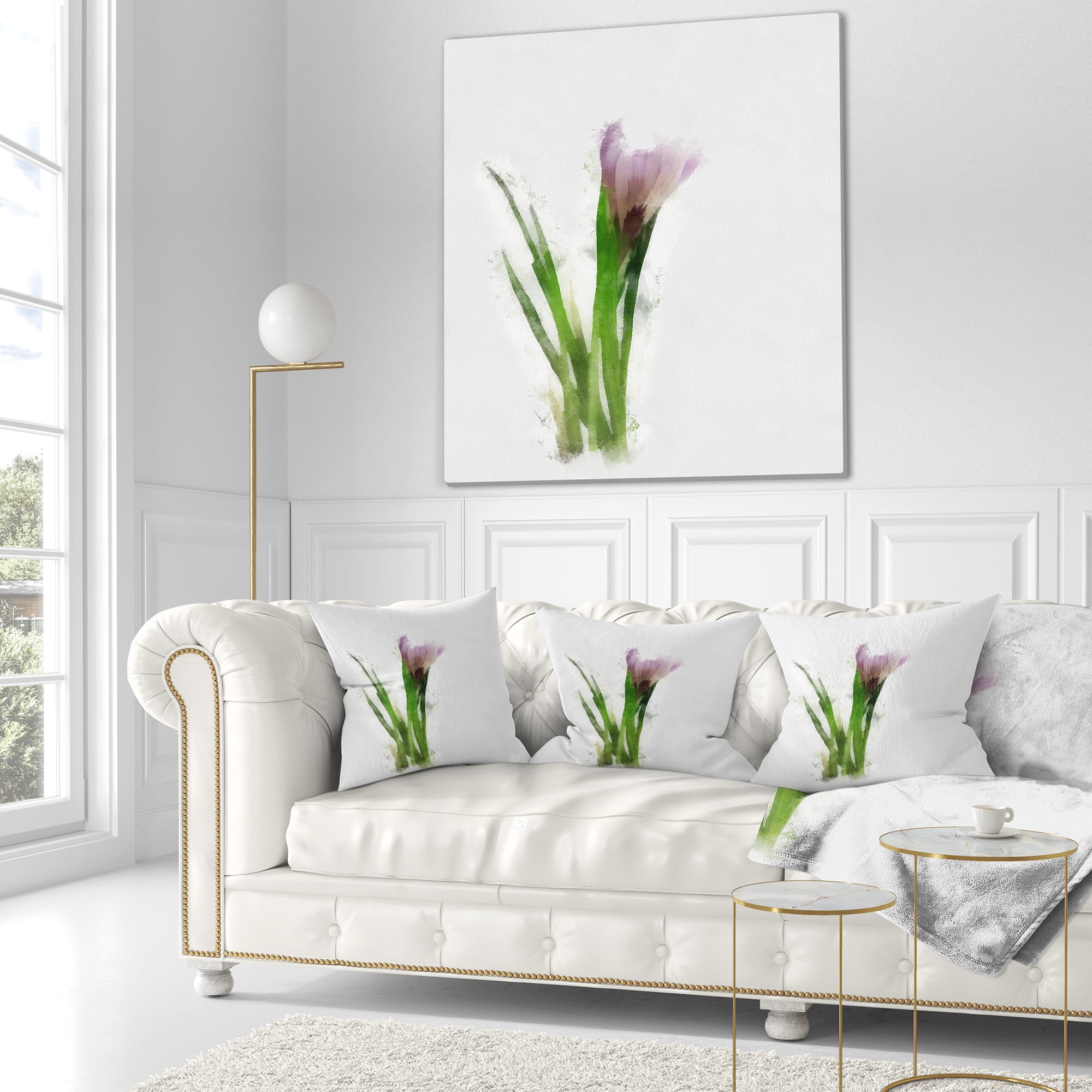 Designart Green Purple Watercolor Flower Sketch - Floral Throw Pillow - 18x18